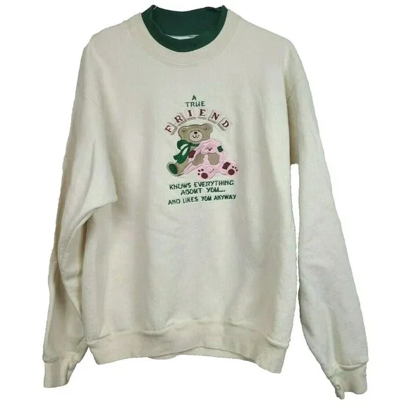 VTG 80s Womens A True Friend Teddy Bear Sweatshirt Medium Cream Pullover Grandma - Picture 1 of 9